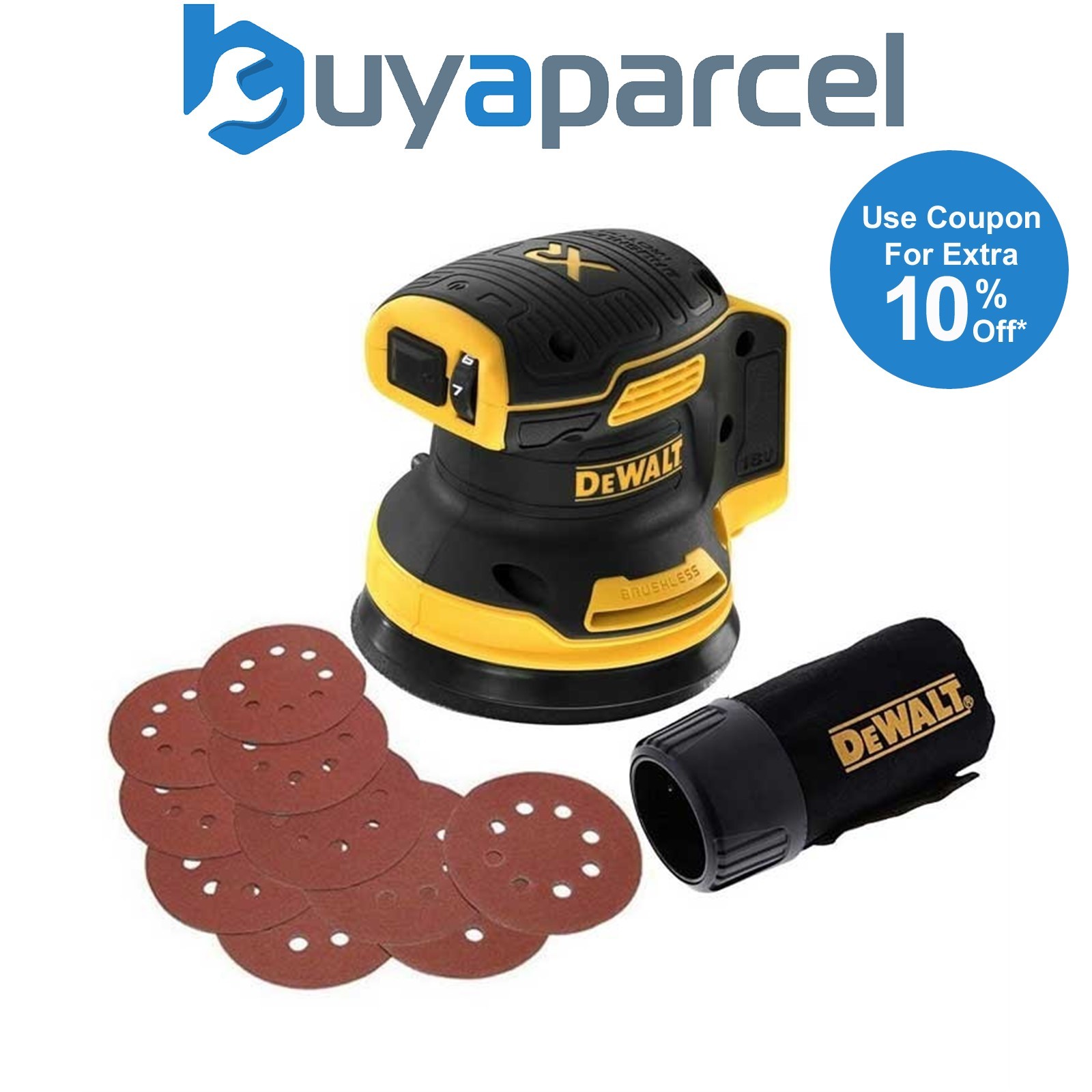 Dewalt DCW210N Cordless Brushless 18v XR Random Orbital Sander 125mm + 10 Sheets