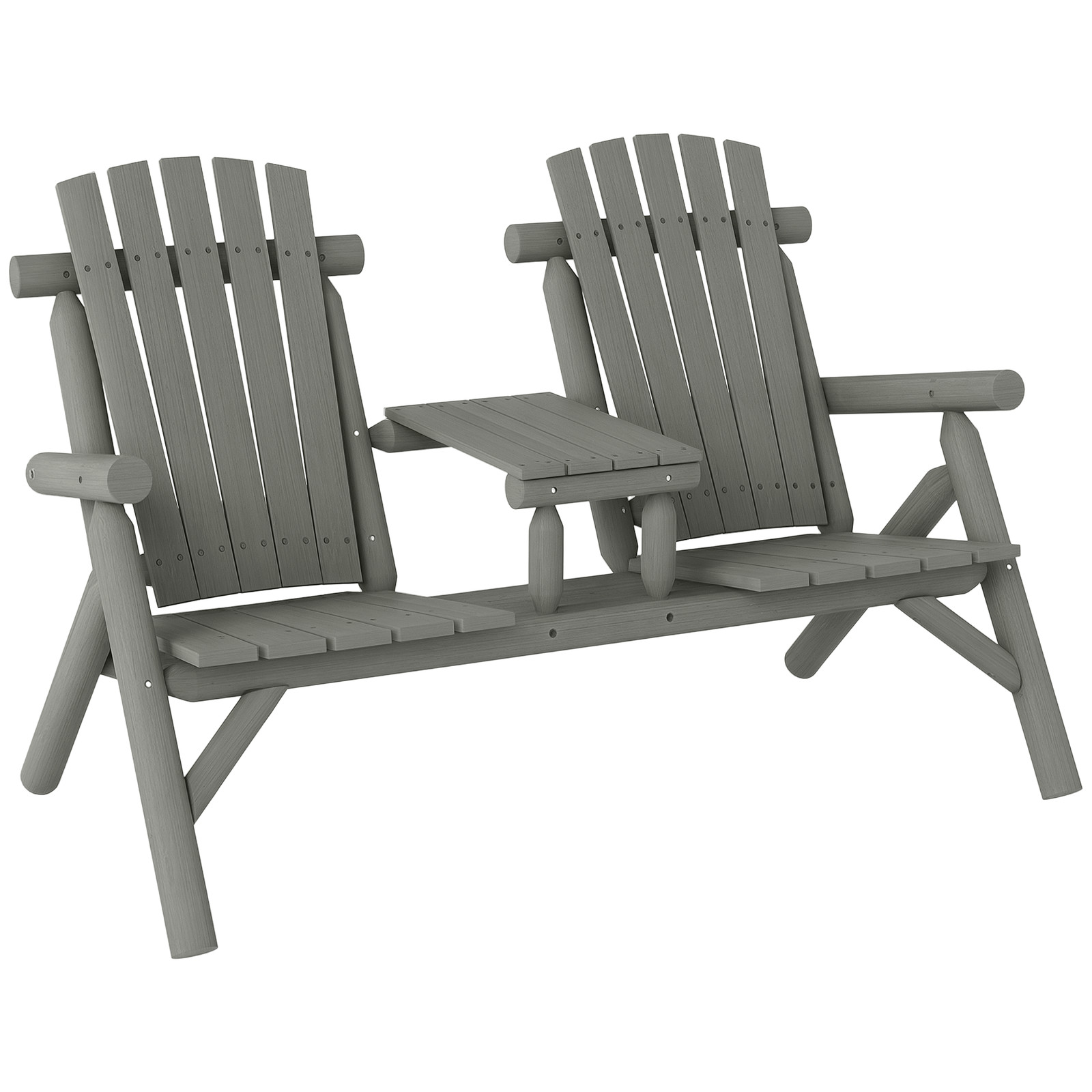 Outsunny Wood Patio Bench 2 Seats w/ Centre Coffee Table, Grey