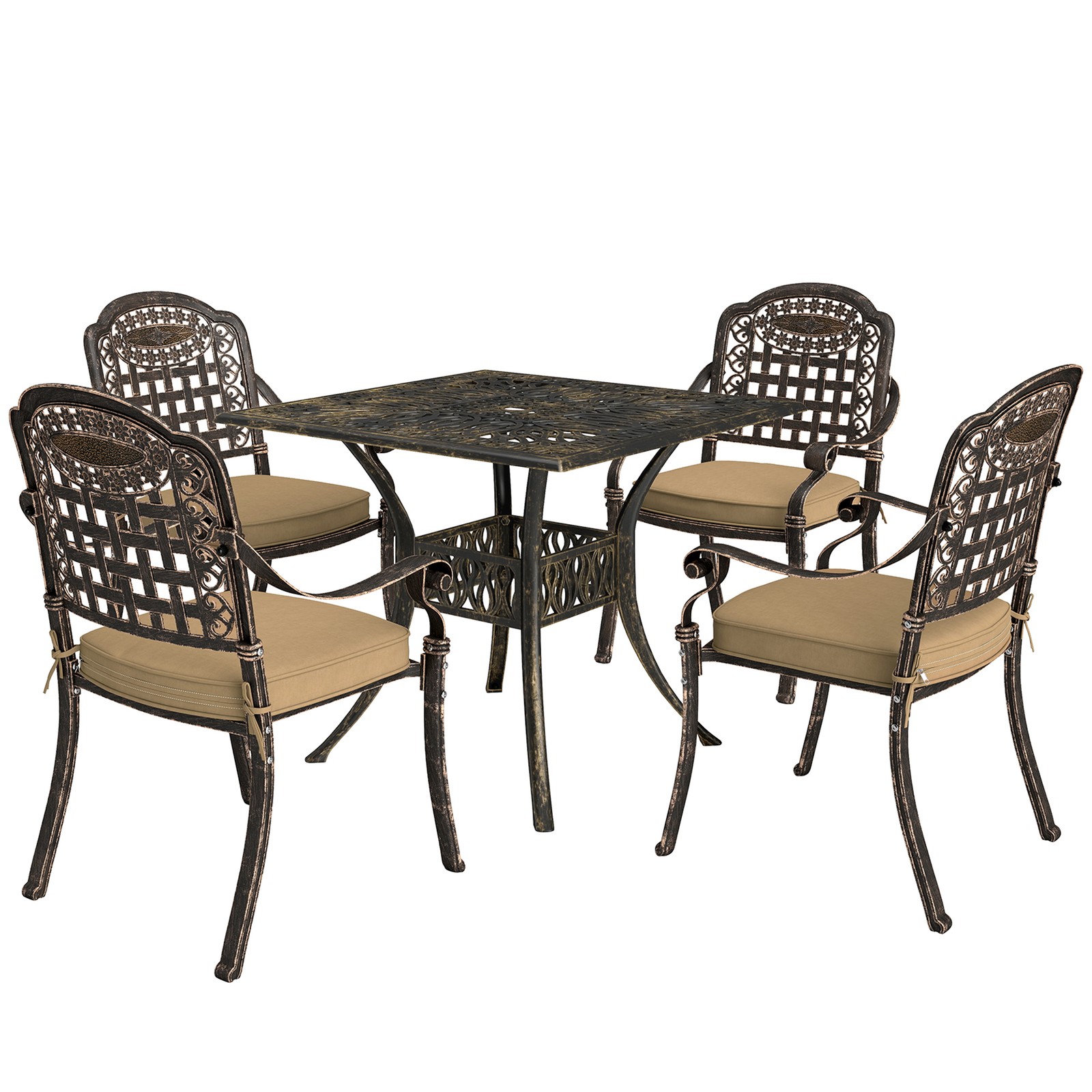 Outsunny 5 Pieces Cast Aluminium Garden Dining Set with Parasol Hole, Bronze