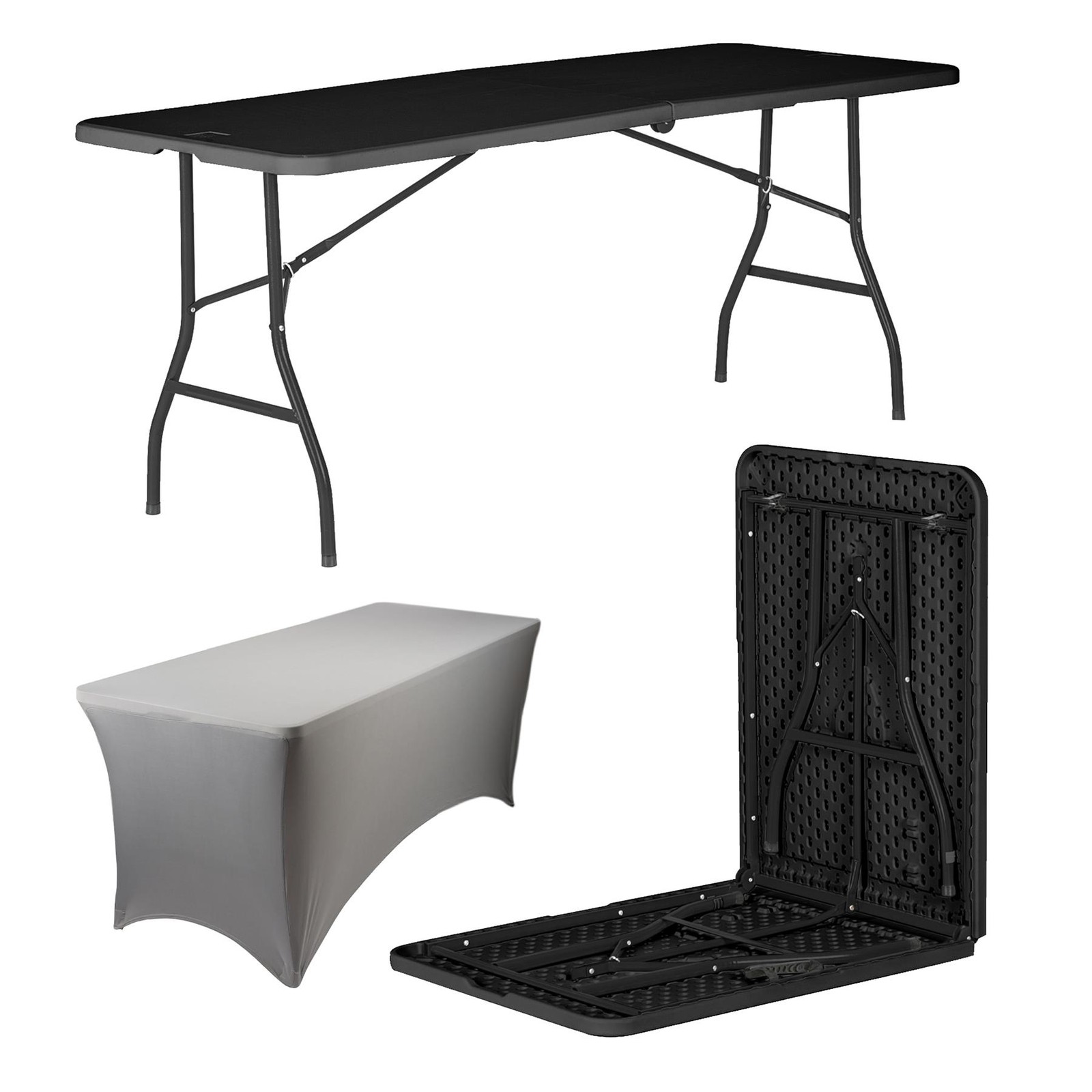 1x Folding Camping Picnic Table with Fitted Tablecloth 180cm (6ft) Black/Grey