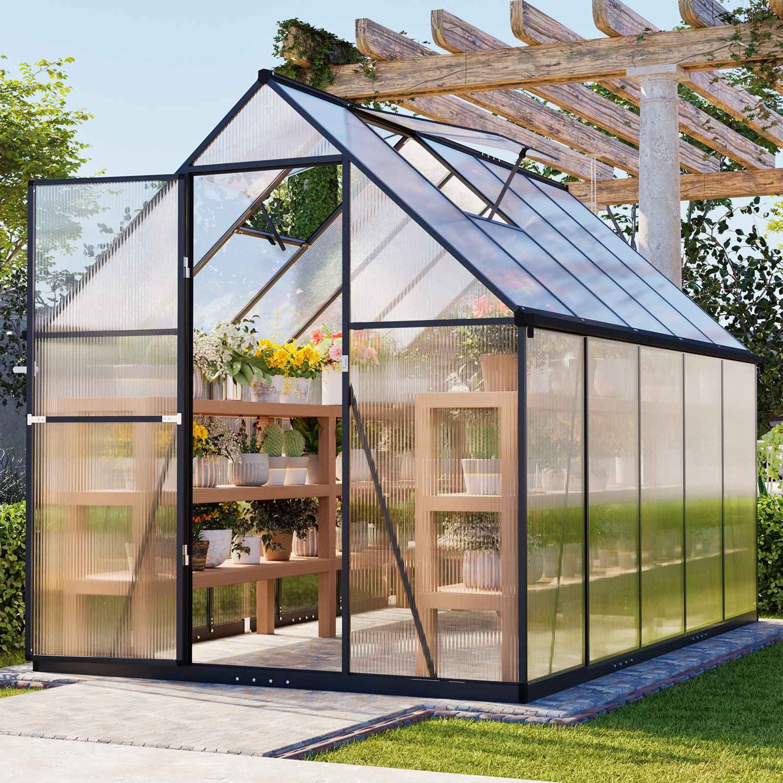 6X10FT Walk-In Greenhouse with Drainage Garden Outdoor Polycarbonate Grow House