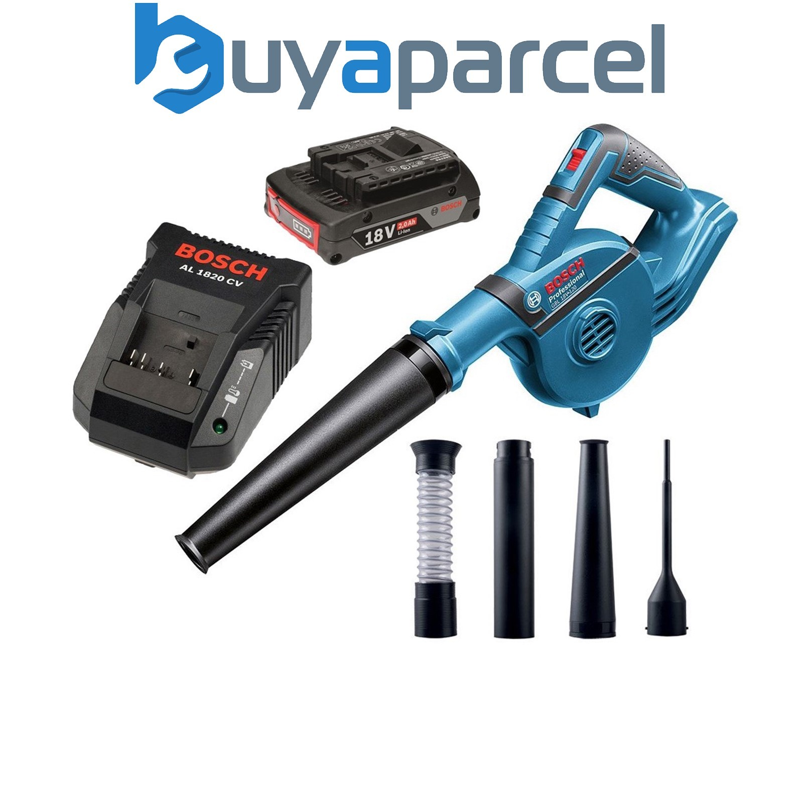 Bosch GBL18V-120 18v Cordless Blower + 4 Nozzles - 2.0ah Battery + Charger