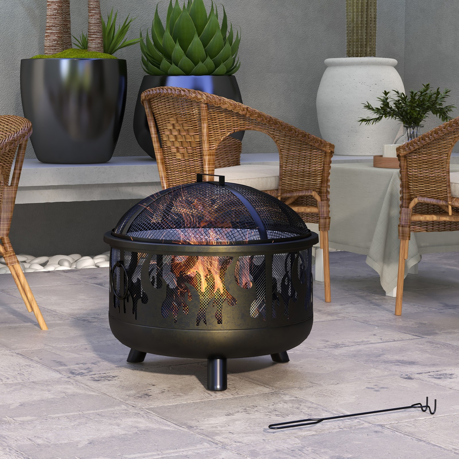 61.5cm 2-In-1 Outdoor Fire Pit & Firewood BBQ Manual Garden Cooker Heater