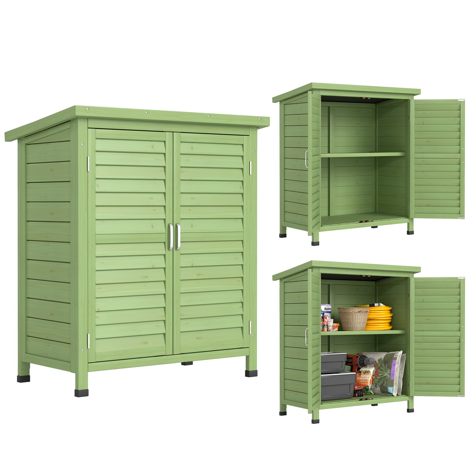 Outsunny Garden Storage Shed Solid Wood Garage Organisation w/ Doors, Green