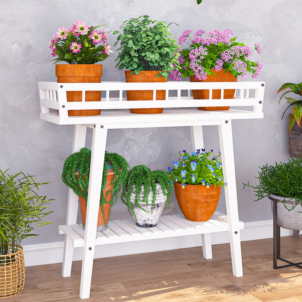 2 Tier Wood Plant Stand Potted Bench Hallway Balcony Window Table Planter Shelf