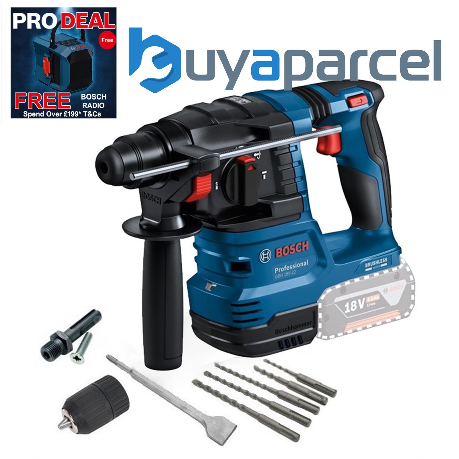 Bosch GBH 18V-22 SDS + Brushless Cordless Rotary Hammer Drill + SDS Bits Chuck