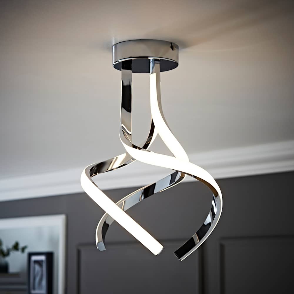 Chrome Twirl Ceiling Light Fitting Integrated LED Modern Living Room Metal Lamp