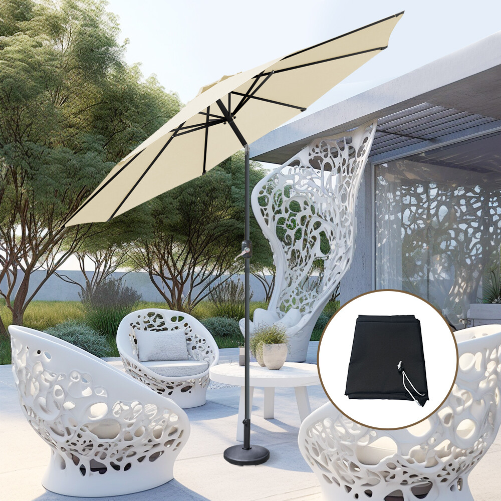 3M Garden Parasol Umbrella Patio Sun Shade Crank Tilt Canopy Cream w/ Base Cover