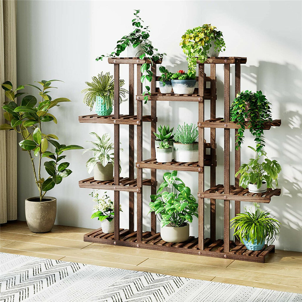 300℃ Carbonized Wood Plant Stand Durable Flower Pot Holder Shelving Unit Decorat