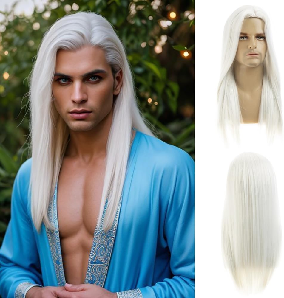 Long Straight White Wigs for Men Synthetic Side Part Heat Resistant Party Cospl