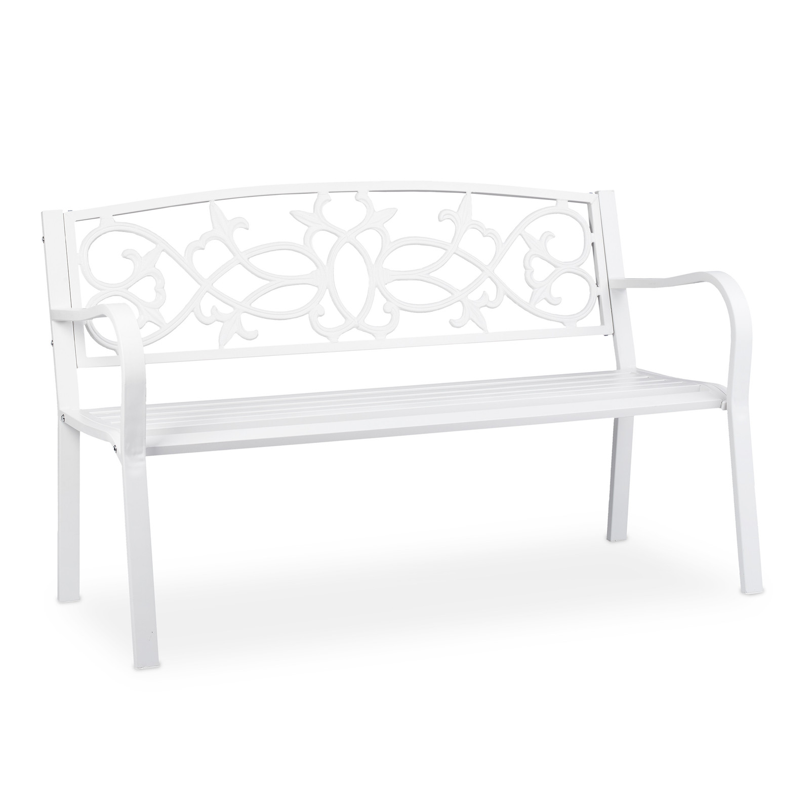 Ornate garden bench White metal seating Weatherproof Easy assembly Floral design