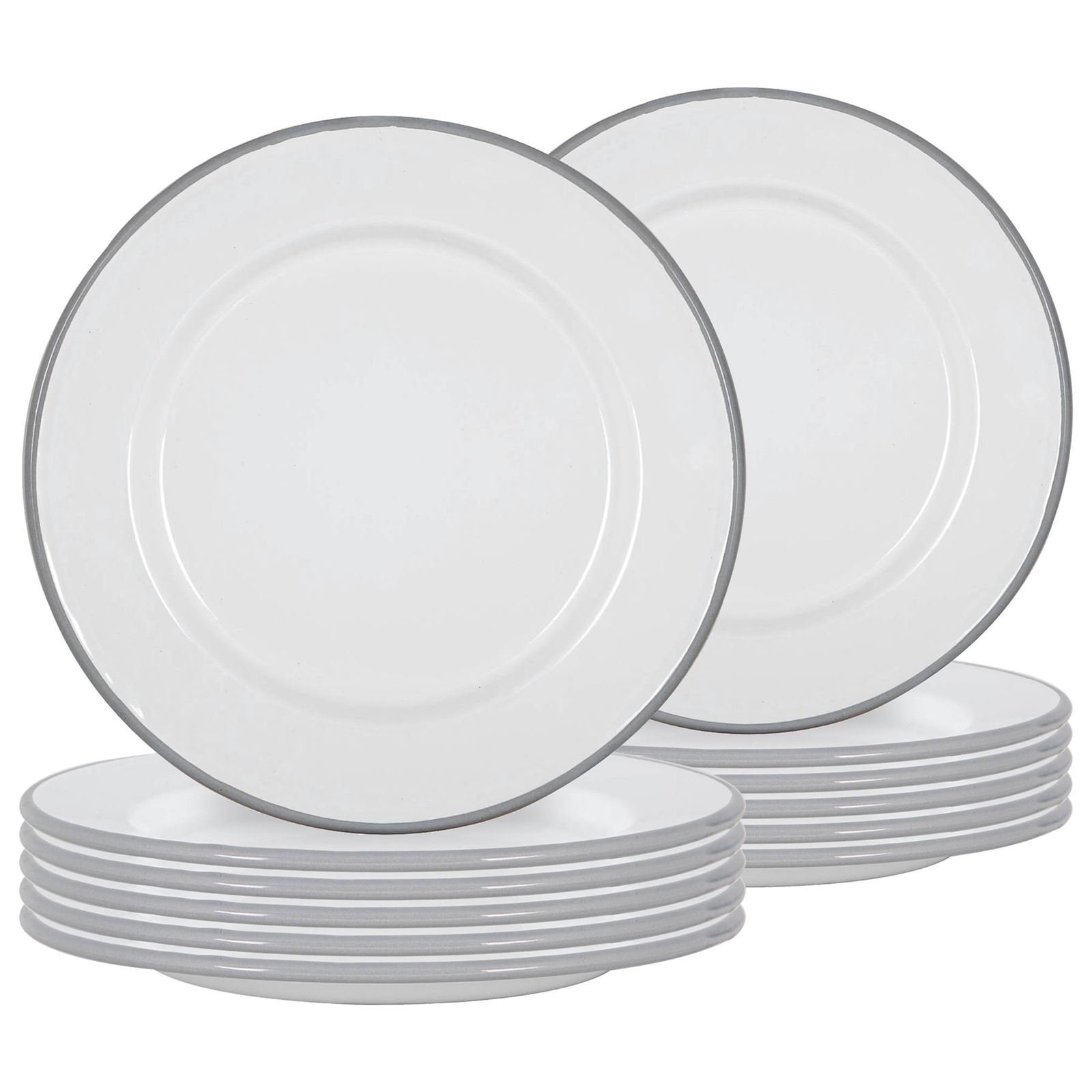 12x White Enamel Dinner Plates Metal Outdoor Camping Food Dishes 25.5cm Grey