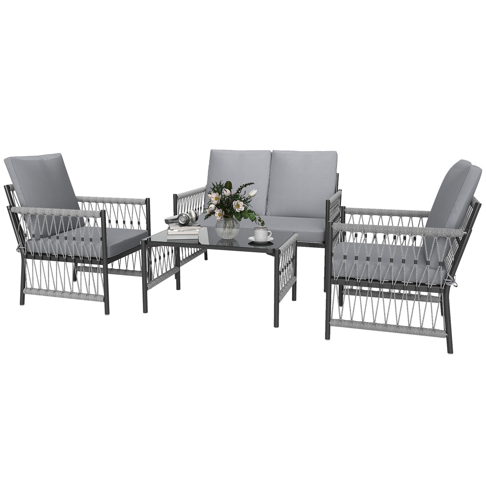 Outsunny 4 Seater Rattan Garden Sofa Set with Glass Top Coffee Table Grey