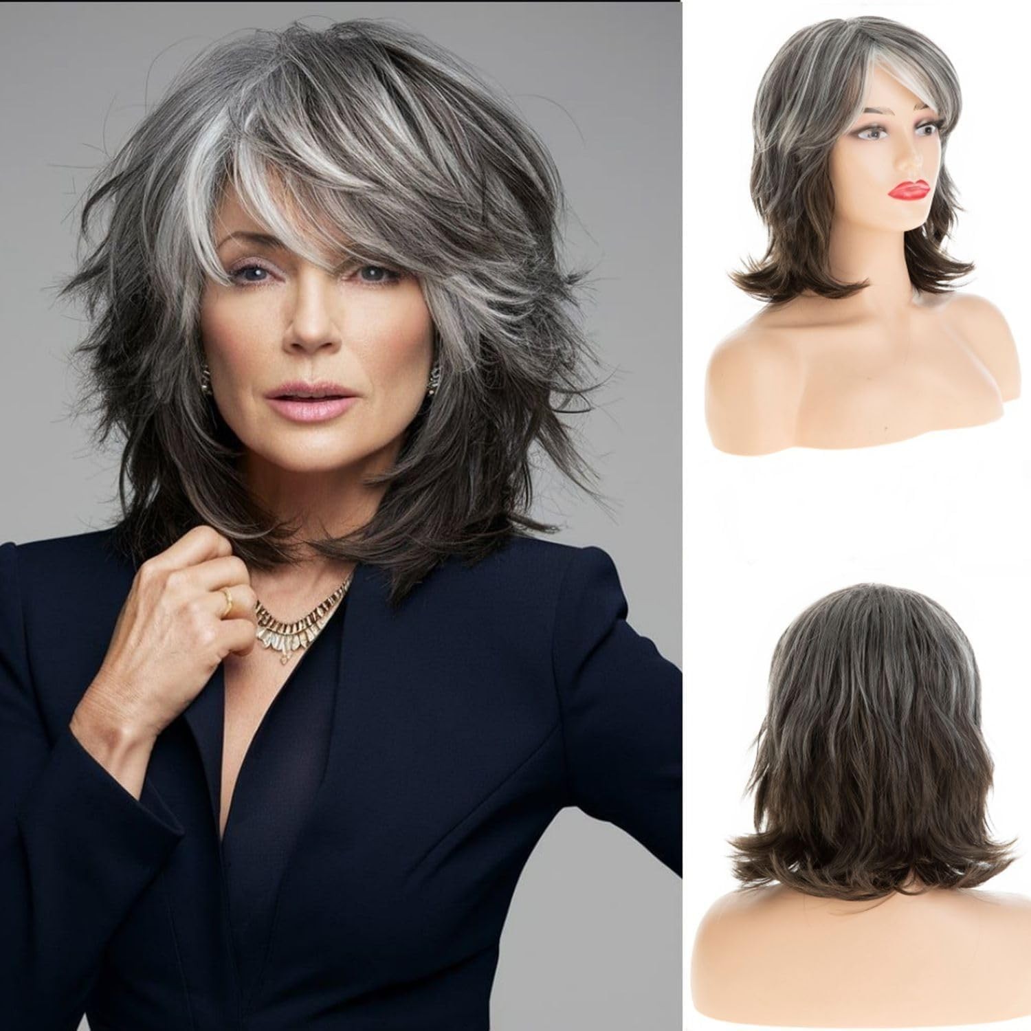 Short Grey Wig for Women Short Curly Fluffy Natural Layered Synthetic Hair Cosp