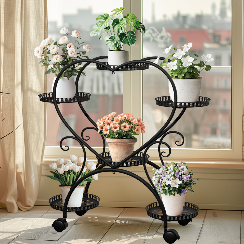 6 Potted Heart-shaped Metal Tall Plant Stand on Wheels Garden Cart Flower Rack