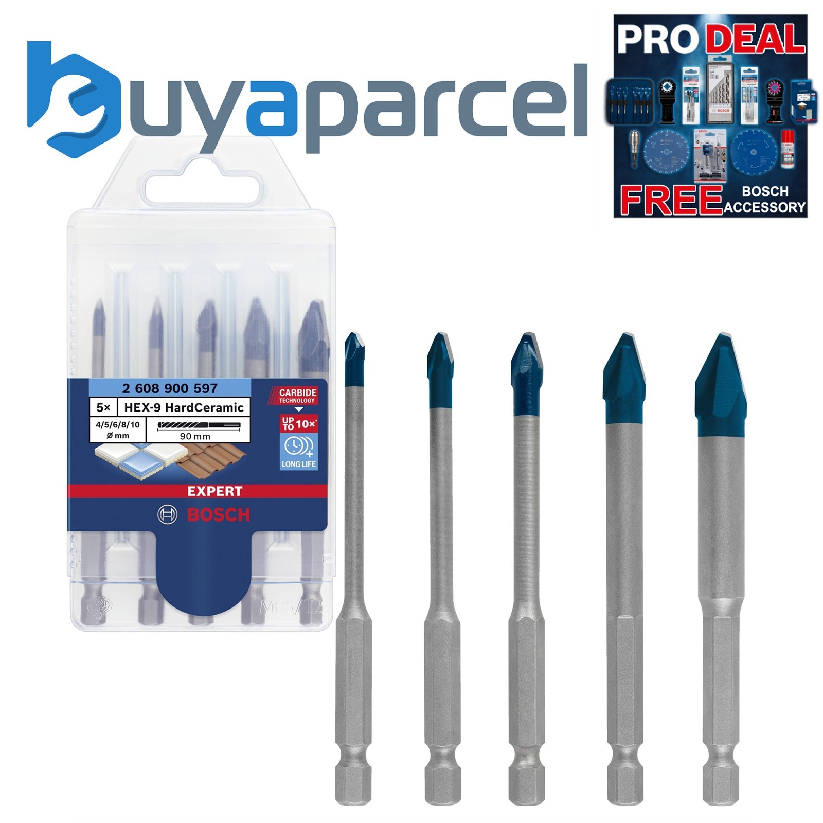 Bosch EXPERT 2608900597 5 Piece HEX-9 Ceramic Tile Porcelain Drill Bit Set 90mm