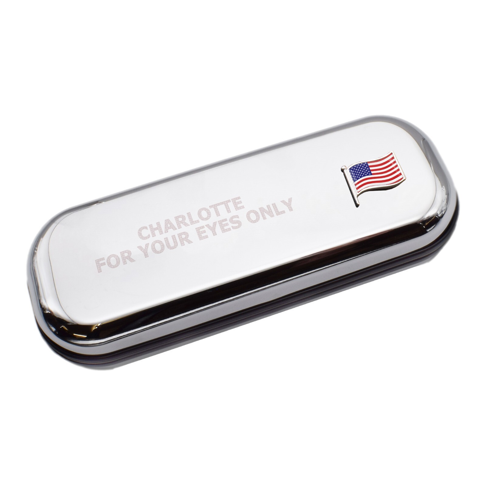 USA Wave Flag & Engraved With Message Chromed Glasses Case Box