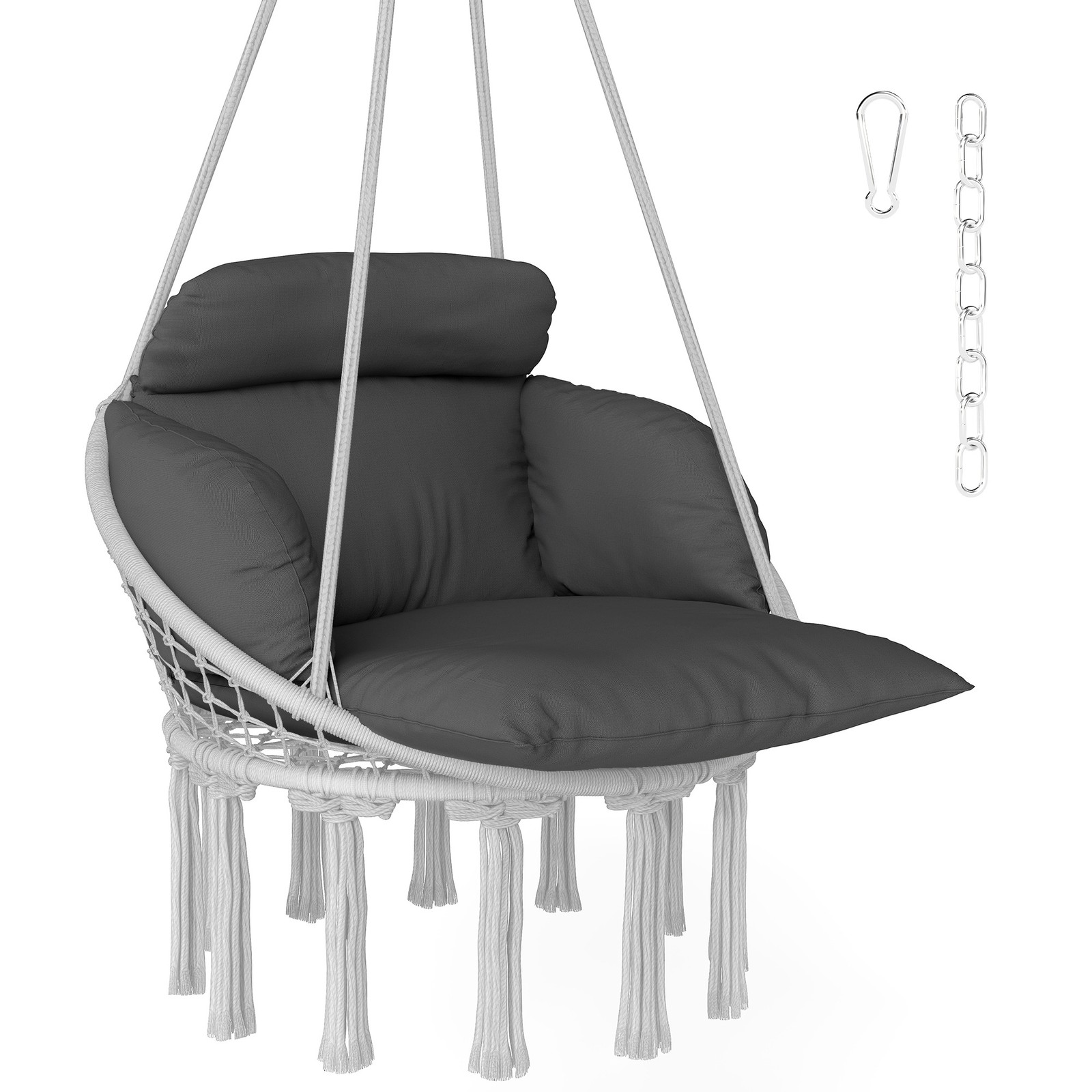 Outsunny Hammock Chair, Boho Hanging Swing Chair with Cushion, Dark Grey