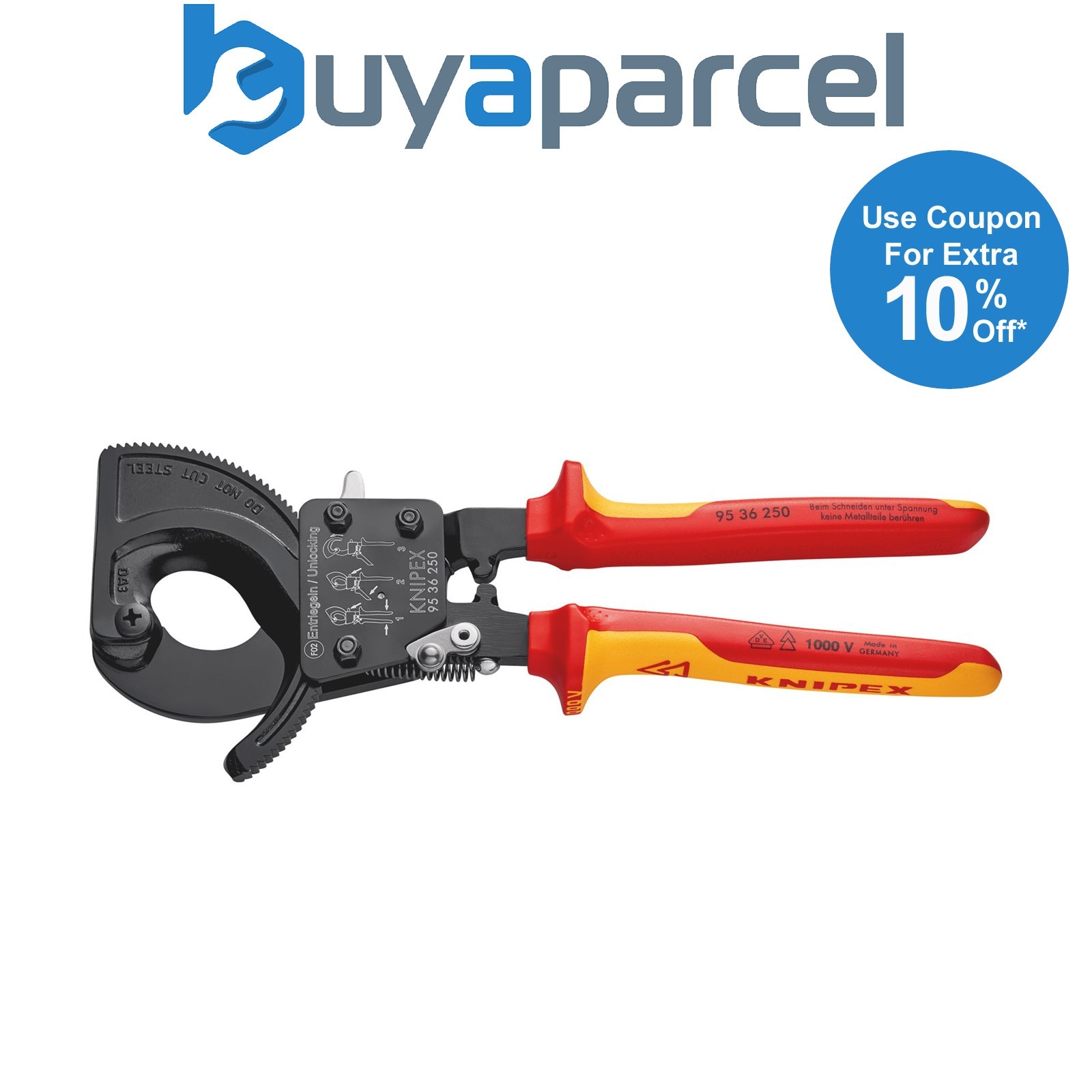 Draper 57677 KNIPEX 95 36 250 VDE Heavy Duty Cable Cutter, Ratchet Action, 250mm