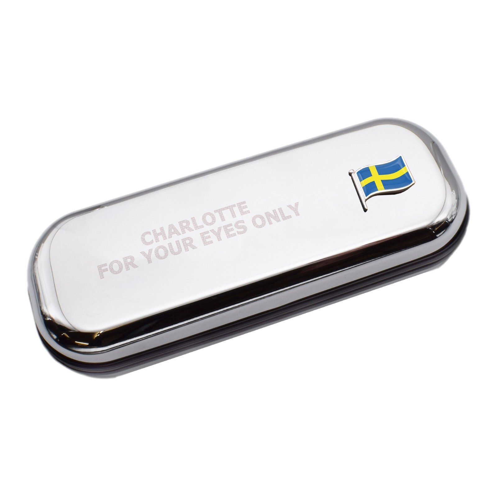 Sweden Wave Flag & Engraved With Message Chromed Glasses Case Box