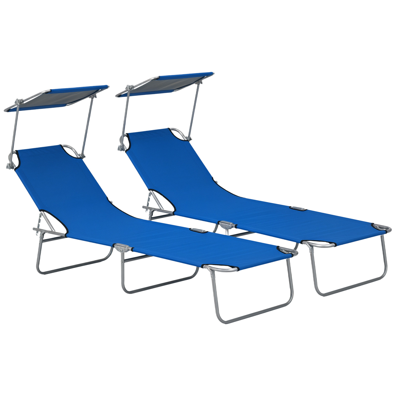 Outsunny Folding Sun Lounger Set of 2 w/ Sunshade Adjustable Backrest Blue