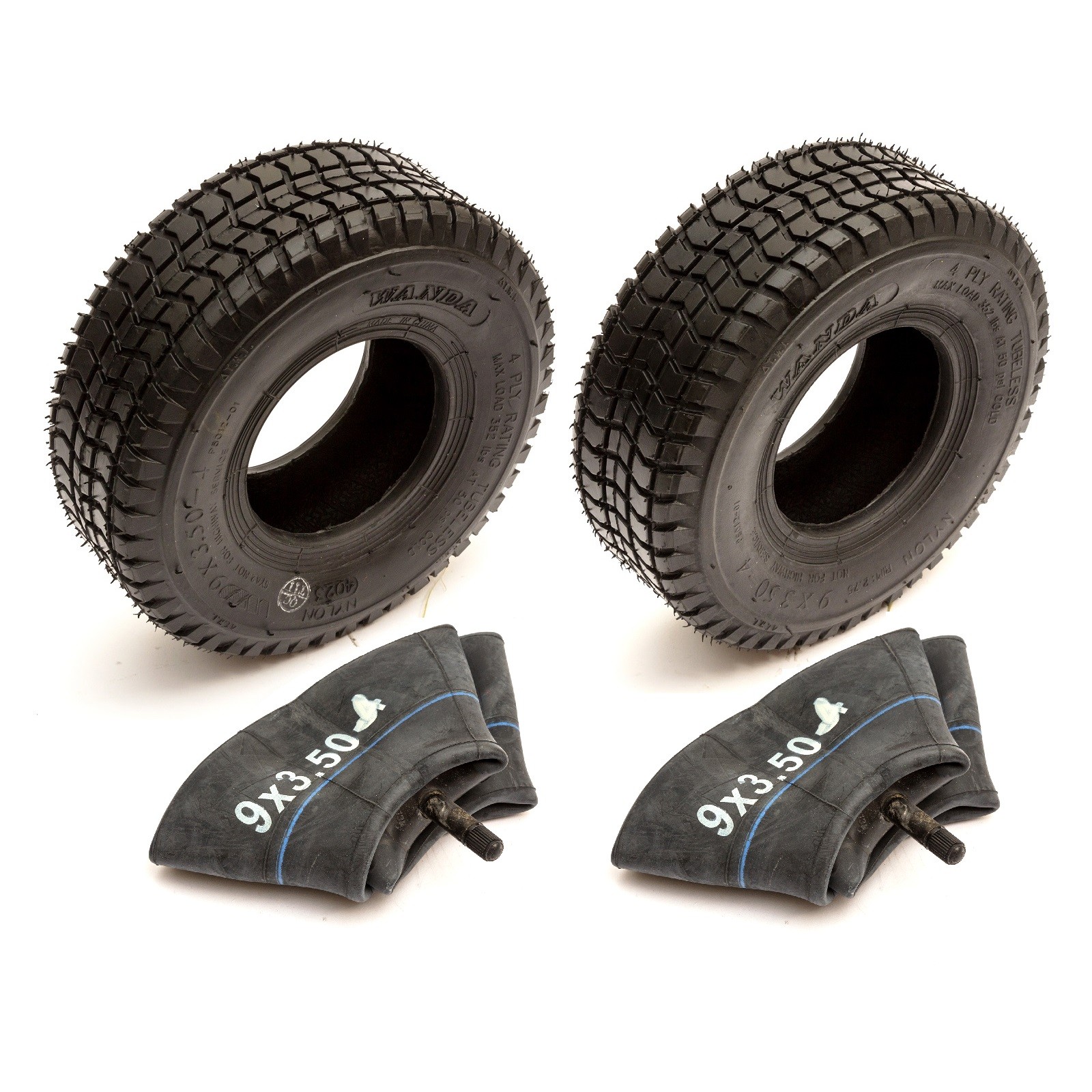 2x Tyre 9x3.50-4 & Inner Tube Ride On Lawn Mower 4 Ply Grass Safe Turf Tread