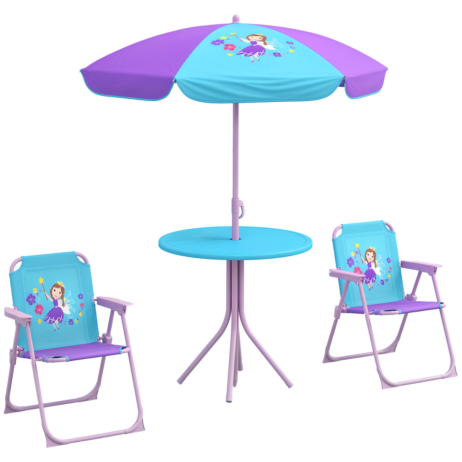 Outsunny Kids Bistro Table and Chair Set w/ Fairy Theme, Adjustable Parasol