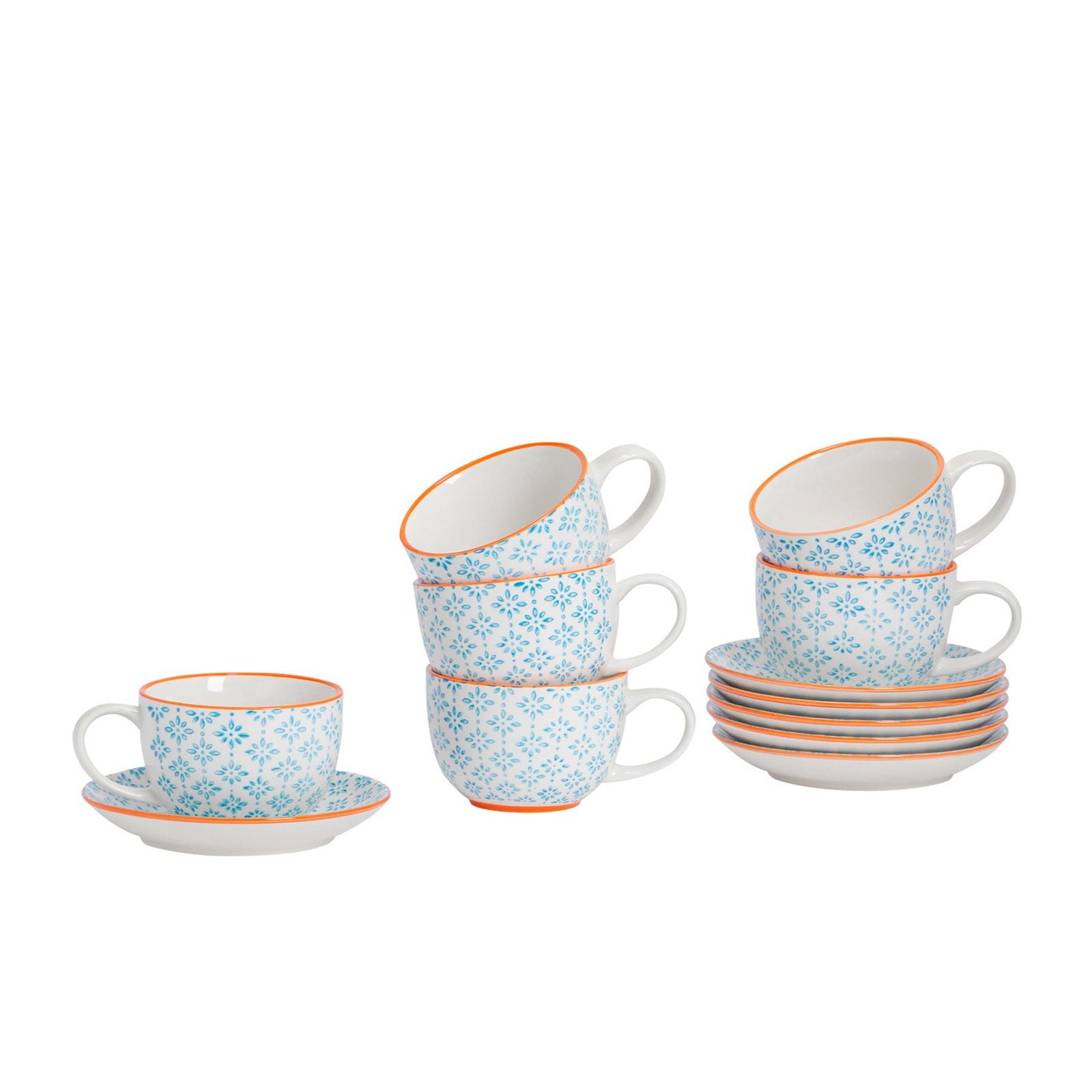 12 Piece Hand-Printed Cappuccino Cup & Saucer Set Tea Coffee Cups 250ml Blue