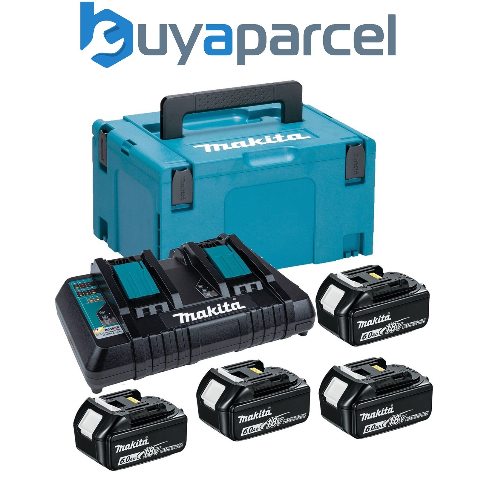 Makita BL1860 18v 4 x 6.0ah Lithium Batteries DC18RD Dual Port Charger + Makpac