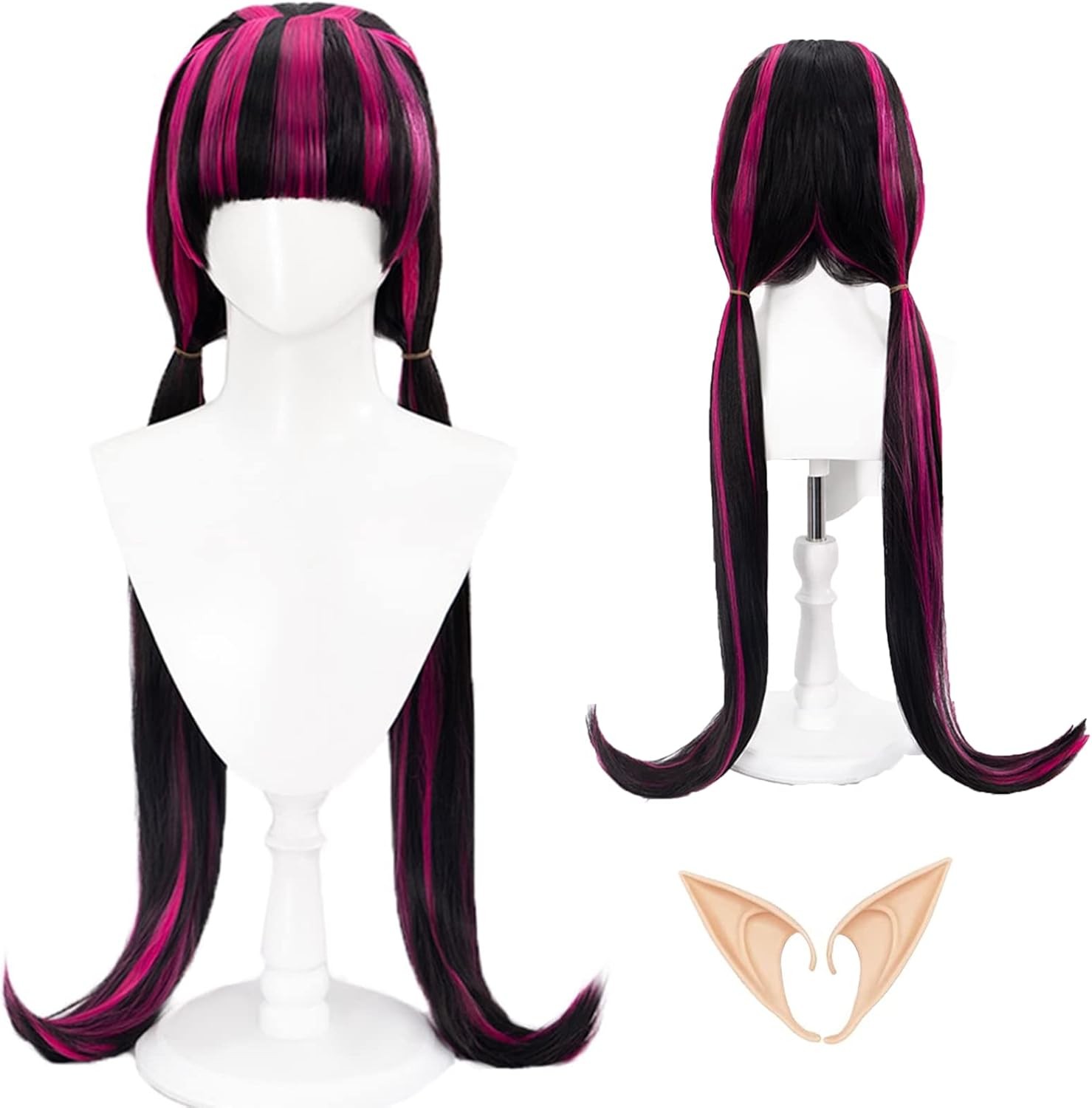 Black Mixed Pink Cosplay Wig with Bangs, Elf Ears and Free Wig Cap - 80cm Heat