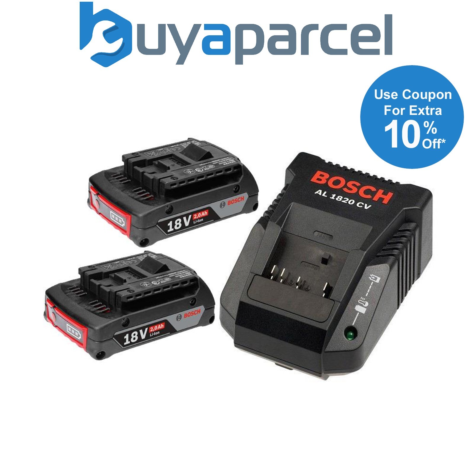 Bosch 18v Battery Starter Set - 2 x 2.0ah Lithium Batteries + AL1820 Charger