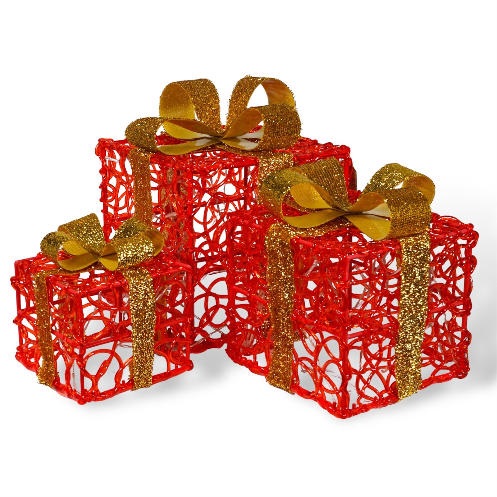Set of 3 Acrylic LED Light Up Gift Box Present Decoration Indoor Outdoor Red