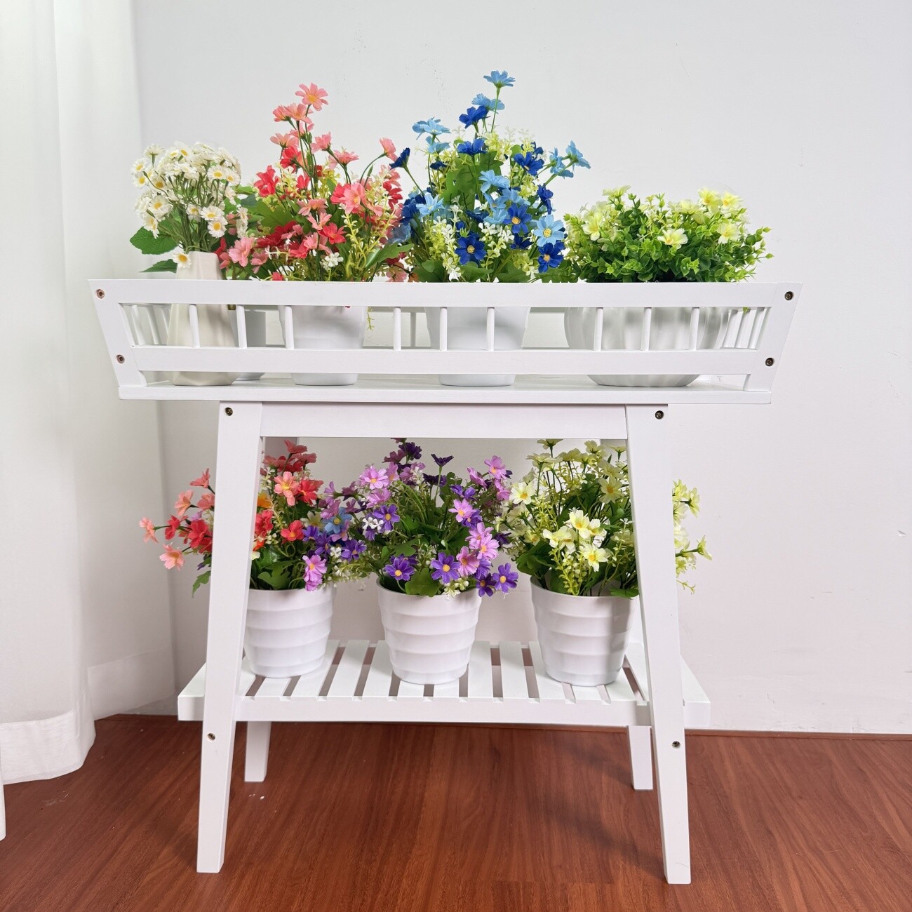 2 Tier Modern Flower Pot Holder White Plant Stand for Livingroom & Balcony Decor