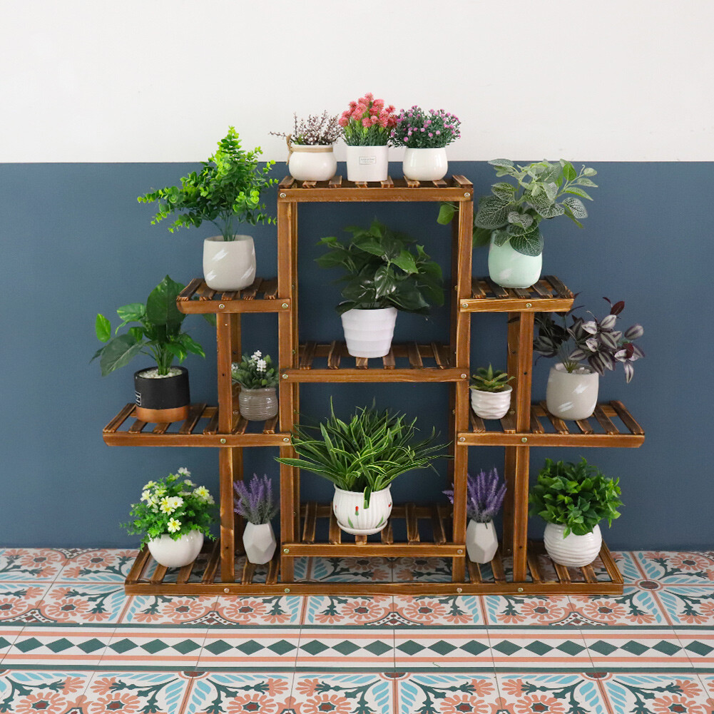 Multi-Tier Wooden Plant Stand Indoor&Outdoor Ascending Display Shelf 13 Pots