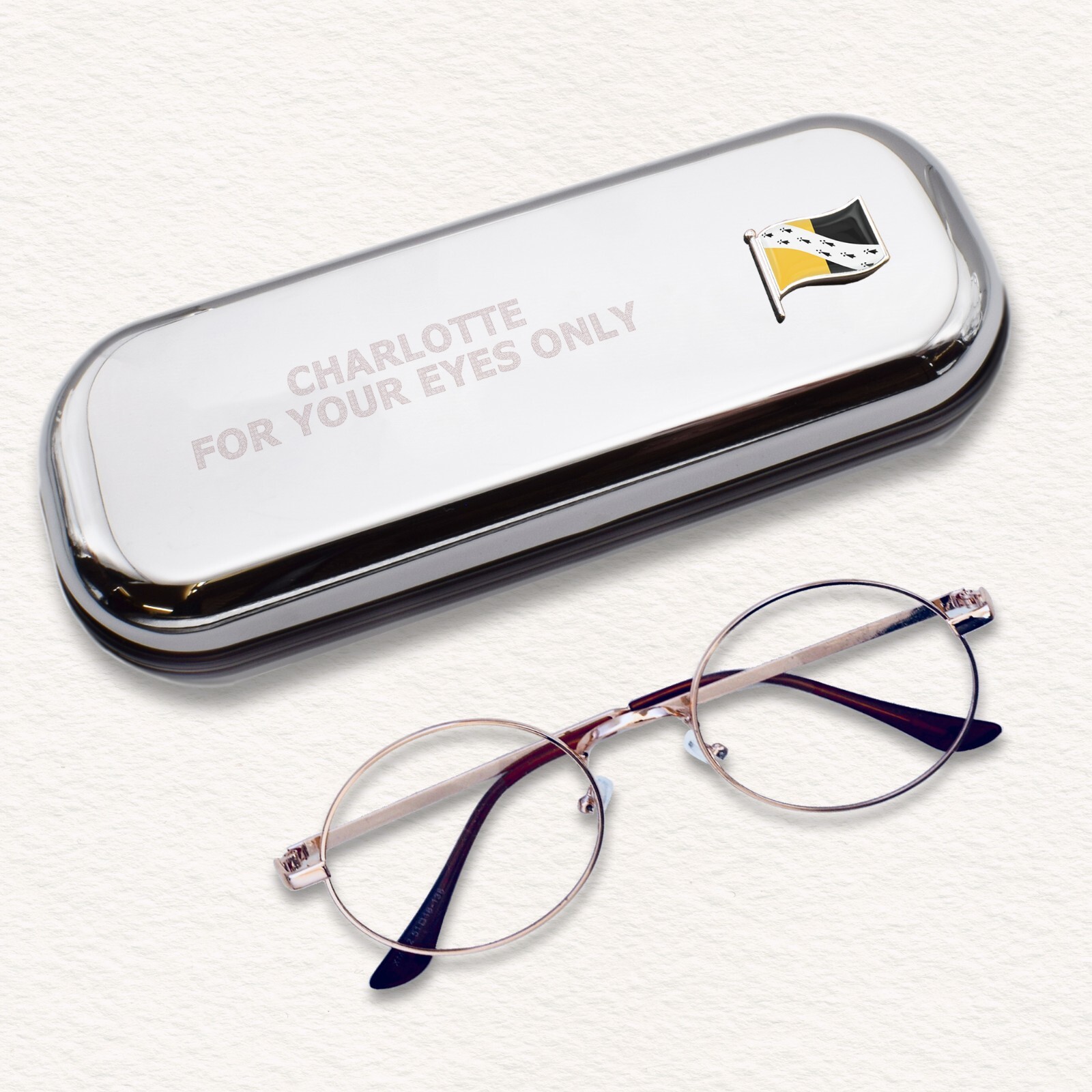 Norfolk Wave Flag & Engraved With Message Chromed Glasses Case Box