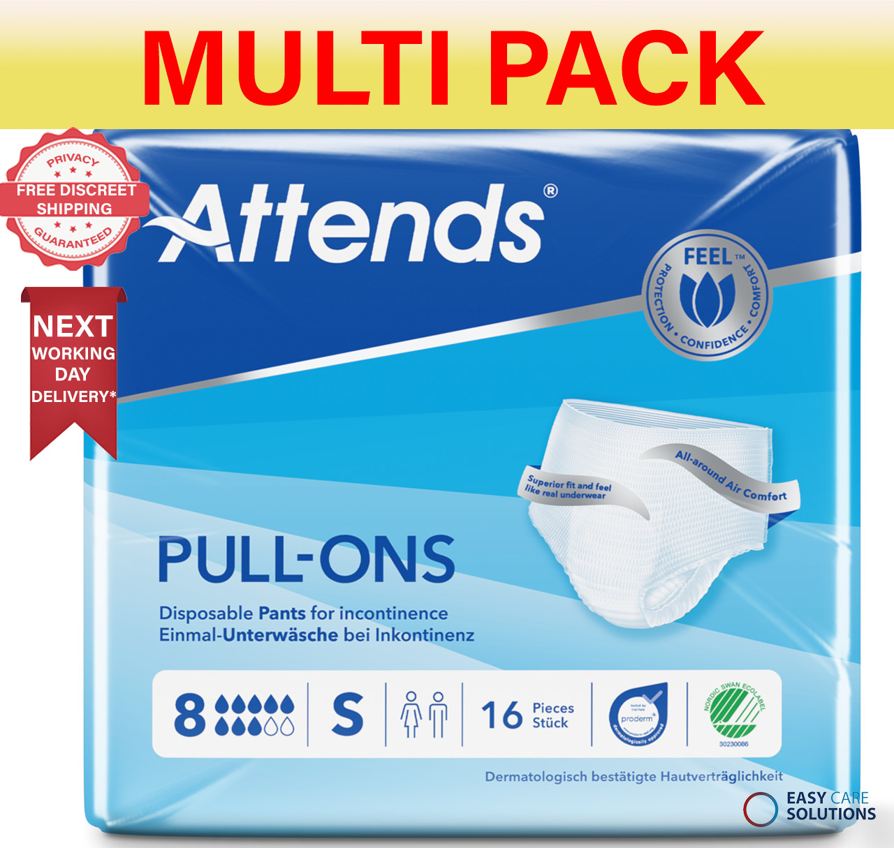 Attends Pull Ons Incontinence Pads - 8 Small Size - Multi pack - 4 x Pack of 16