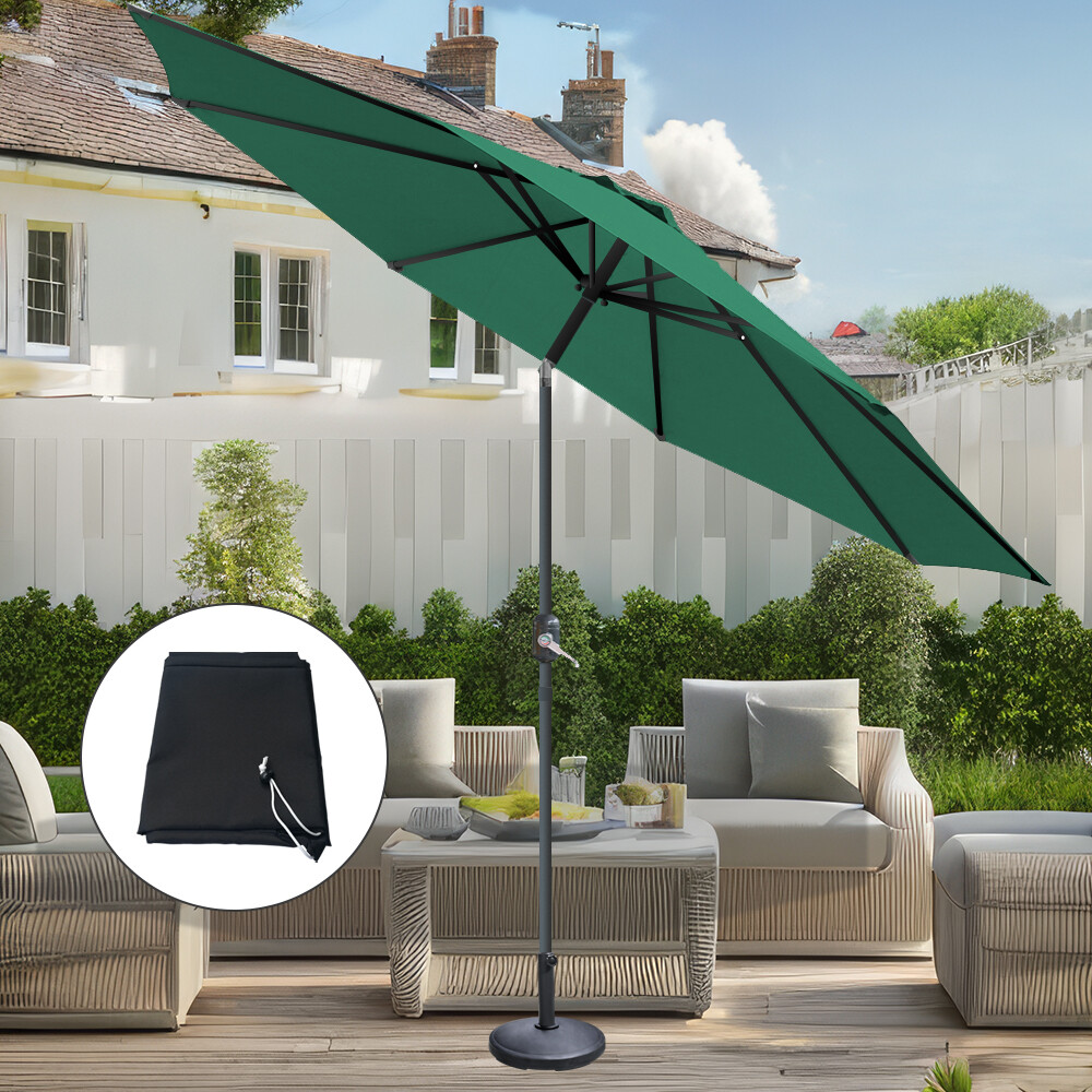 2.7m Green Garden Parasol Outdoor Aluminium Umbrella Crank Tilt with Base Cover