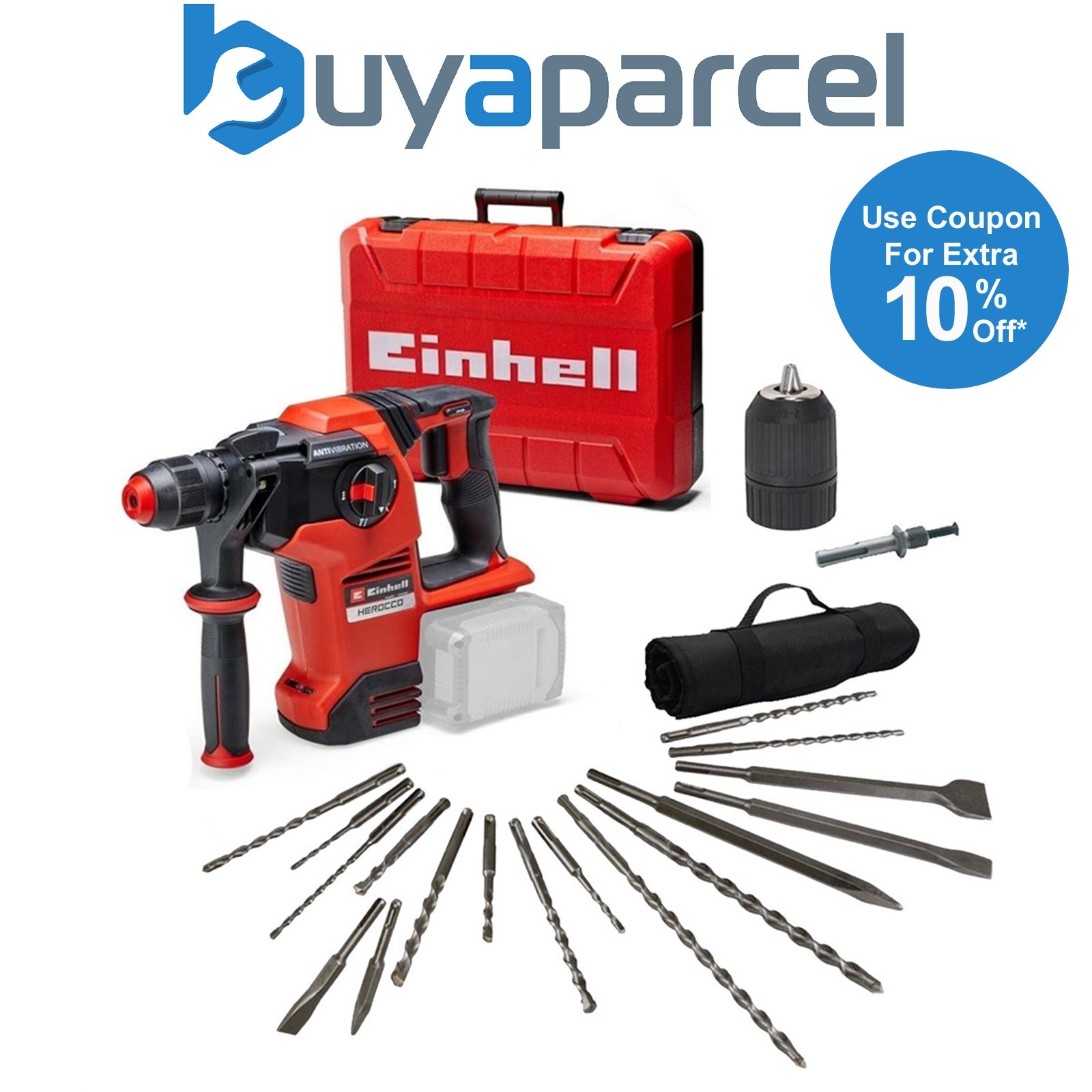 Einhell 18v 36V X-Change Cordless SDS Hammer Drill + 17PC Chisel Set Chuck