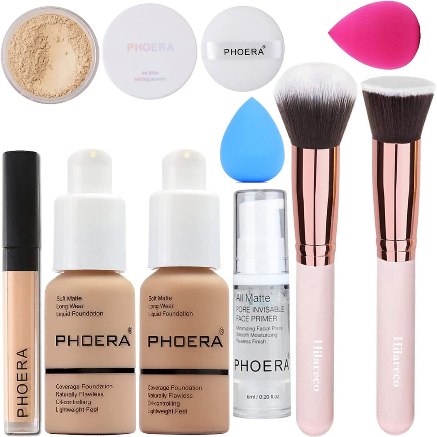 phoera Full Coverage Foundation, Primer, Powder, Concealer, makeup Set with Kab