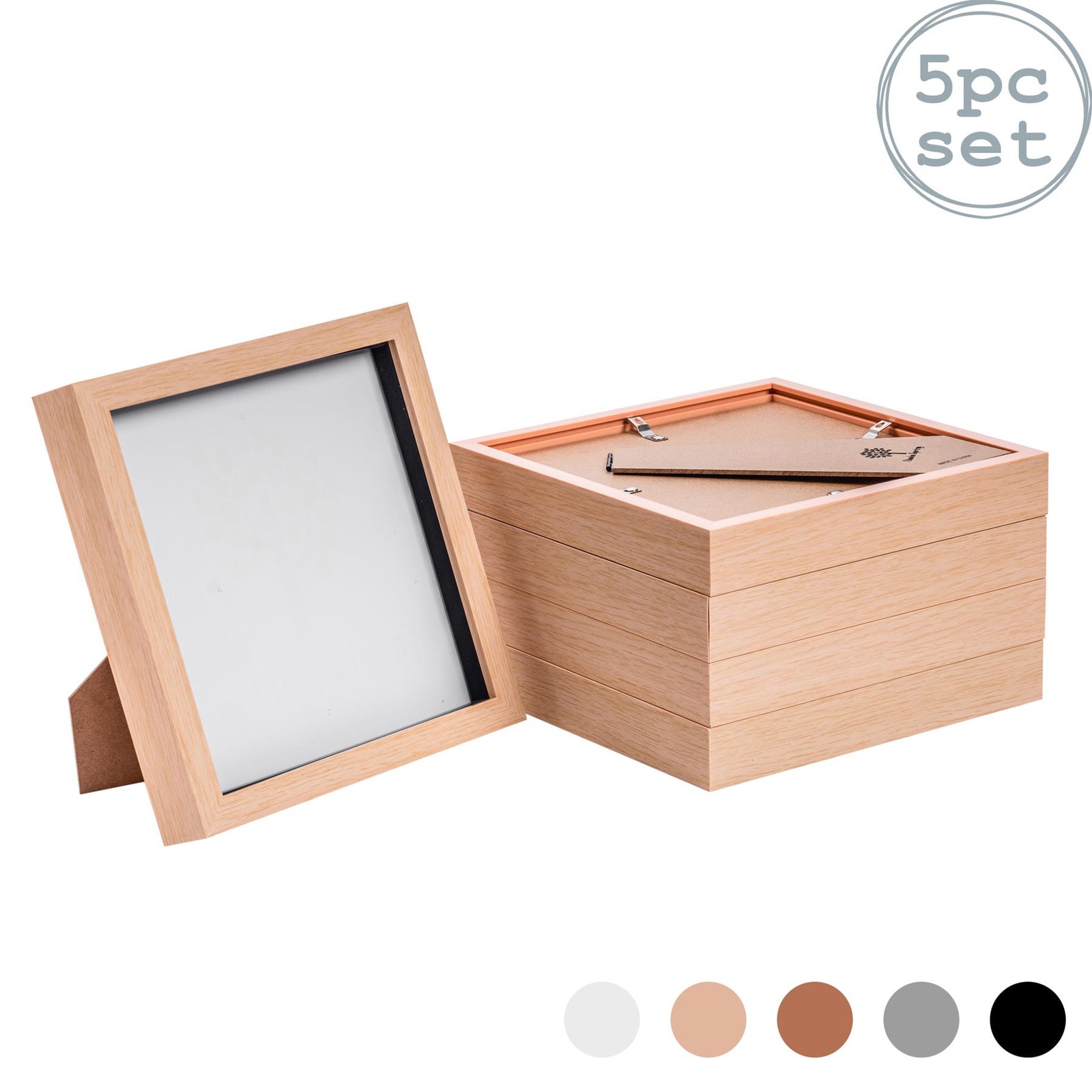 5x 3D Box Photo Frames Standing Hanging Craft Picture Frames 8 x 8" Light Wood