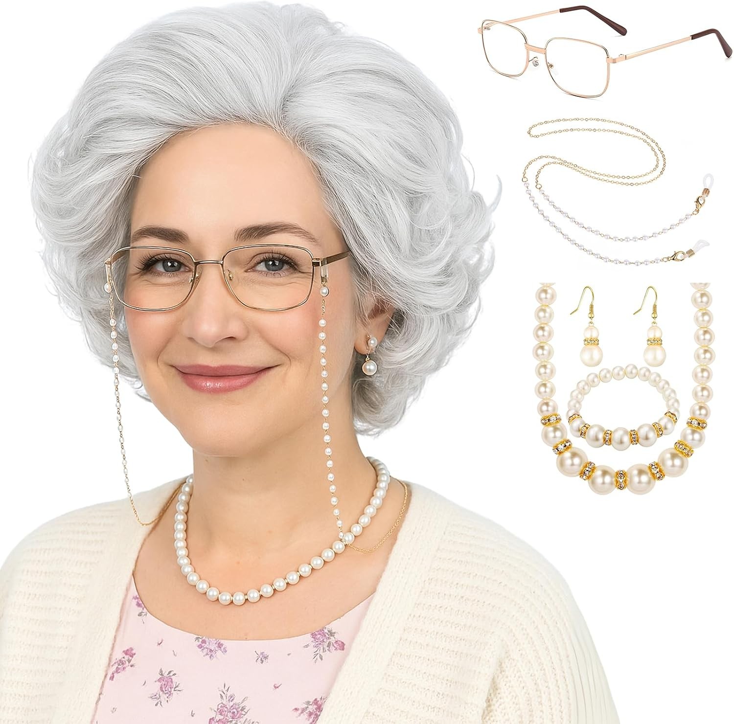 Old Lady Wig Costume Set for Women Short Curly Grandma Wig and Glasses Silver W