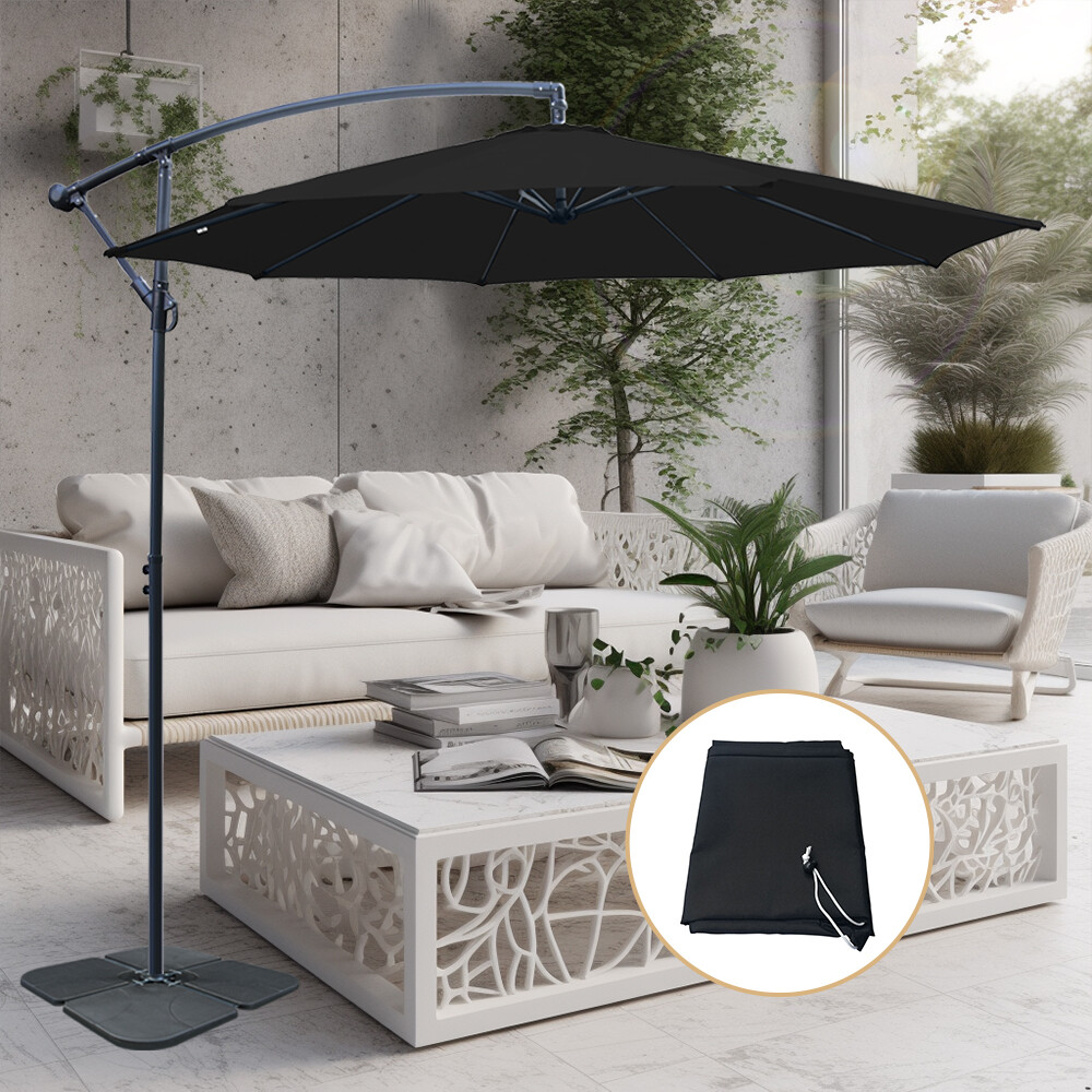 3m Banana Cantilever Parasol Garden Patio Umbrella w/ Base Weights Cover Black