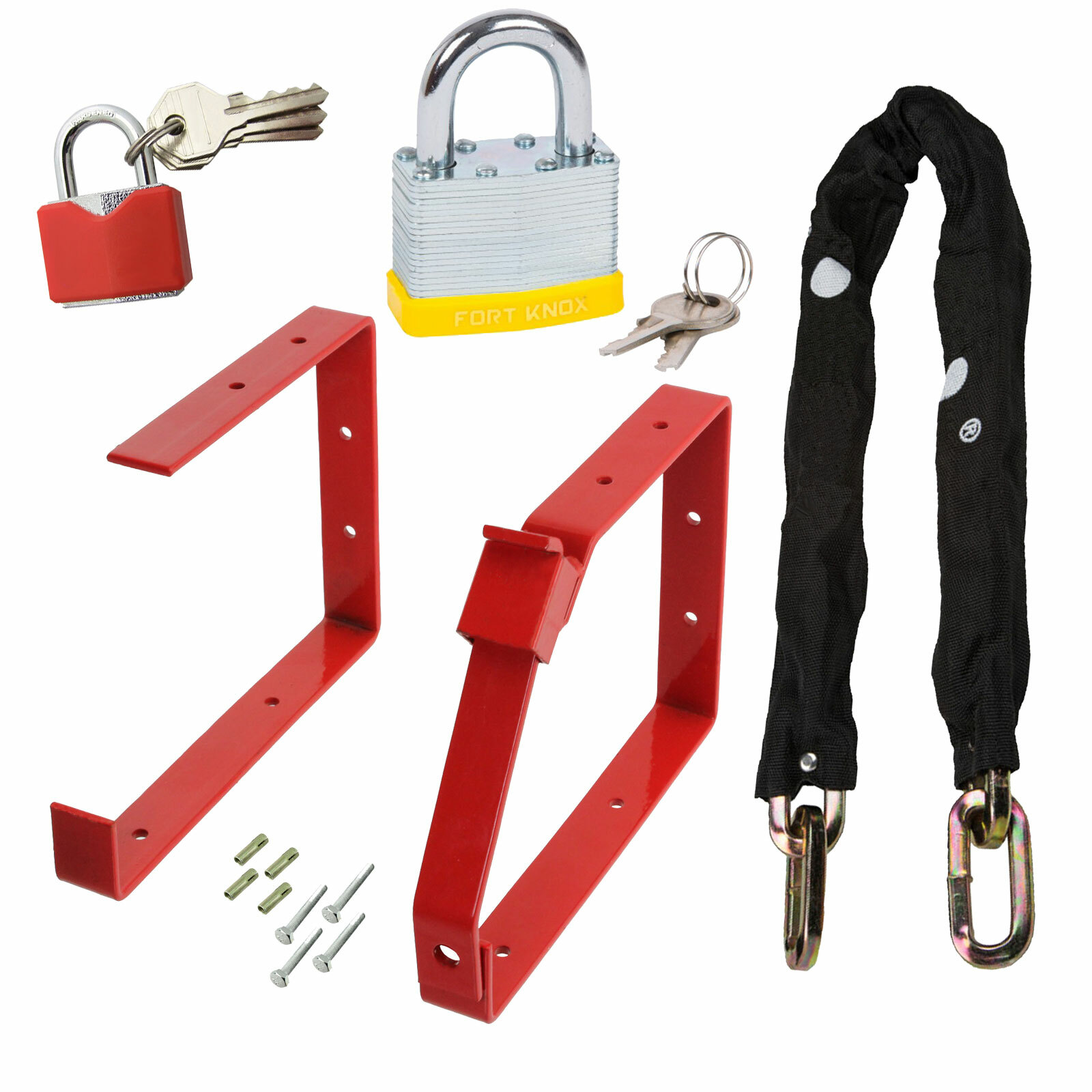 Complete Ladder Security Chain Kit Wall Brackets Locking Bar Padlock Set Keys