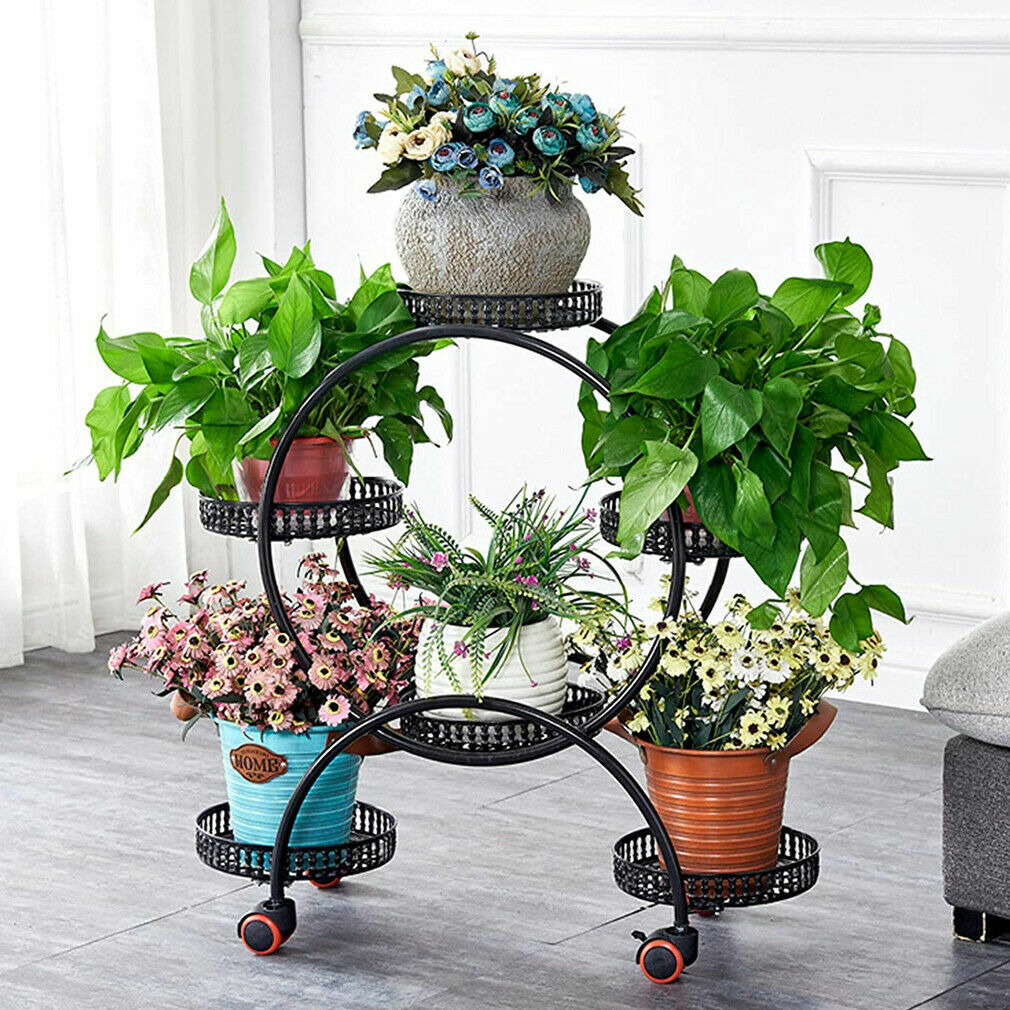 Mobile Large Plant Stand Round Tray Flower Pot Display Rack Shelf Ind & Outdoor