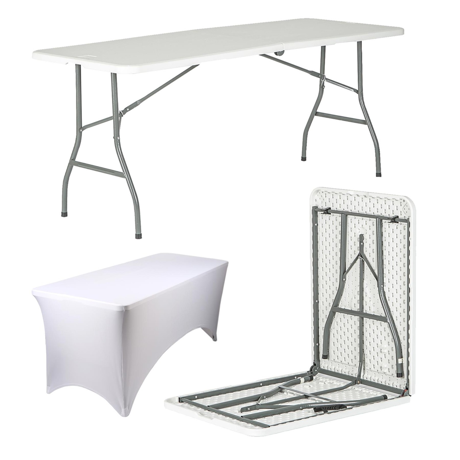 1x Folding Camping Picnic Table with Fitted Tablecloth 180cm (6ft) White/White