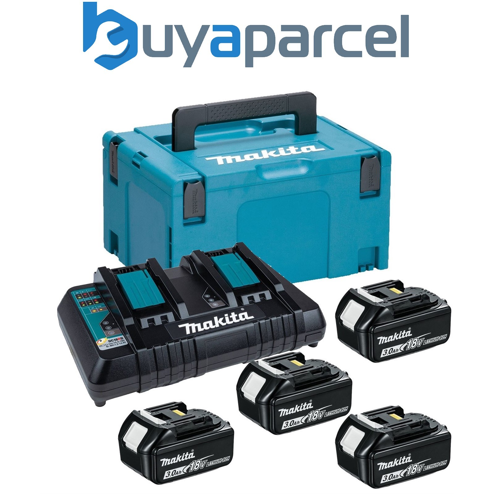 Makita BL1830 18v 4 x 3.0ah Lithium Batteries DC18RD Dual Port Charger + Makpac