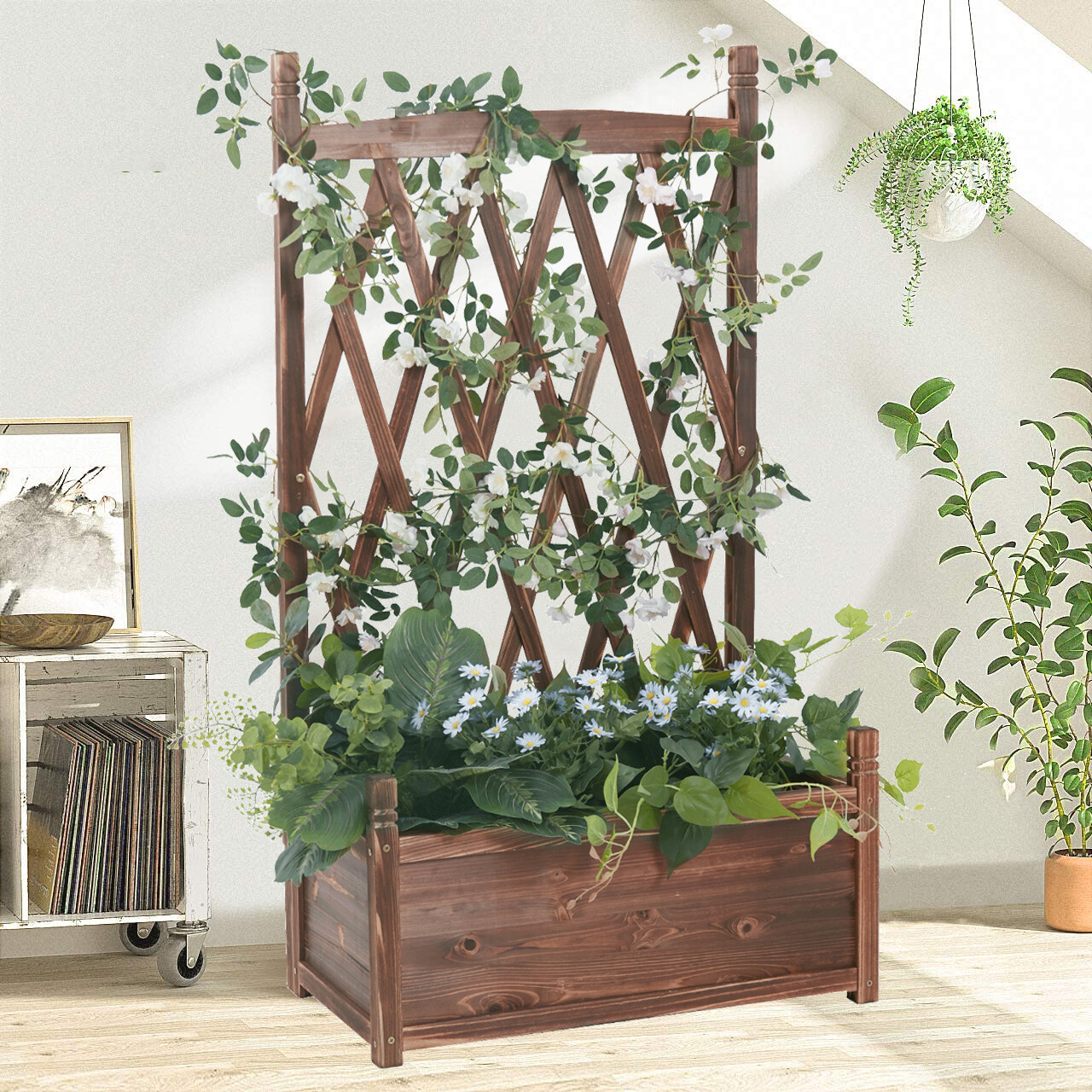 Rustic Wooden Garden Planter Box Tall Large Lattice Flower Raised Bed w/ Trellis
