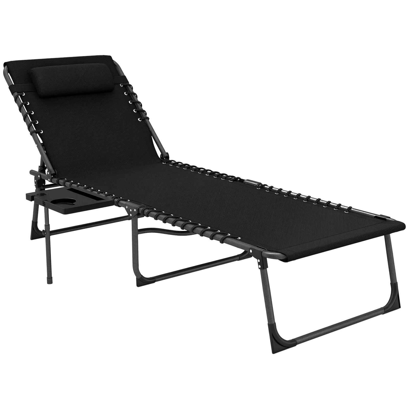 Outsunny Folding Sun Lounger with 5-Level Back, Cup Holder, Black