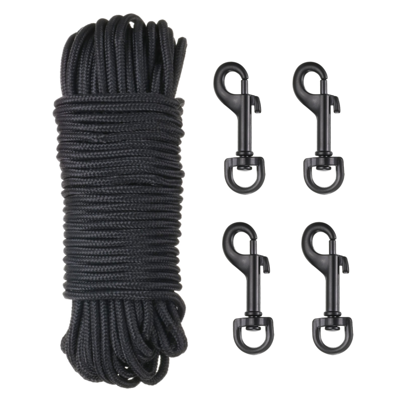 100Ft Flag Pole Rope 1/4" Thick with 4 Pcs Zinc Alloy Flagpoles Clips Black