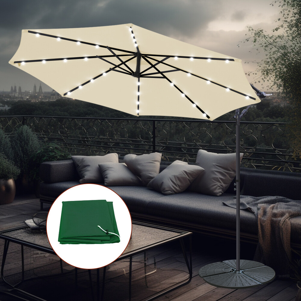 3m Banana Parasol Garden Patio 32 LED Cantilever Umbrella Cream w/ Base Cover
